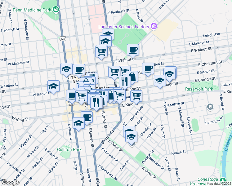 map of restaurants, bars, coffee shops, grocery stores, and more near 44 North Lime Street in Lancaster