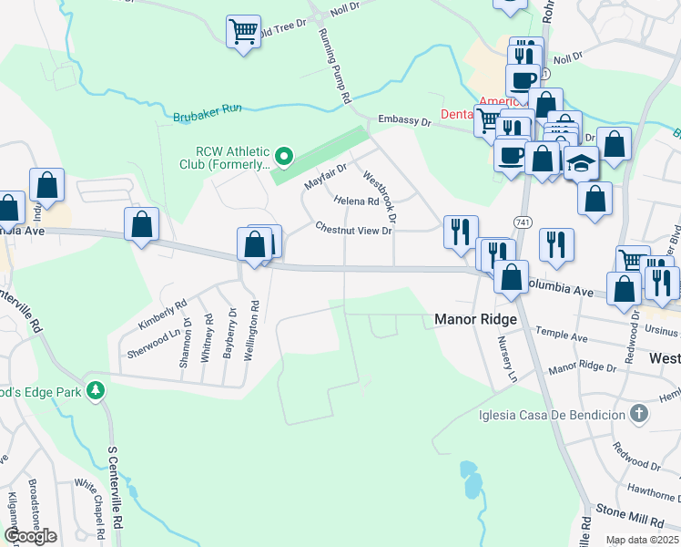 map of restaurants, bars, coffee shops, grocery stores, and more near 2500 Columbia Avenue in Lancaster