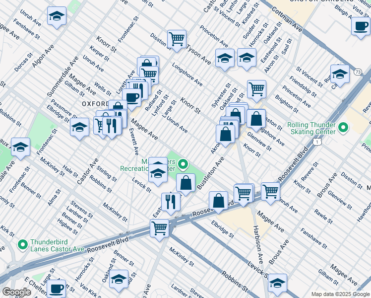 map of restaurants, bars, coffee shops, grocery stores, and more near 6617 Sylvester Street in Philadelphia