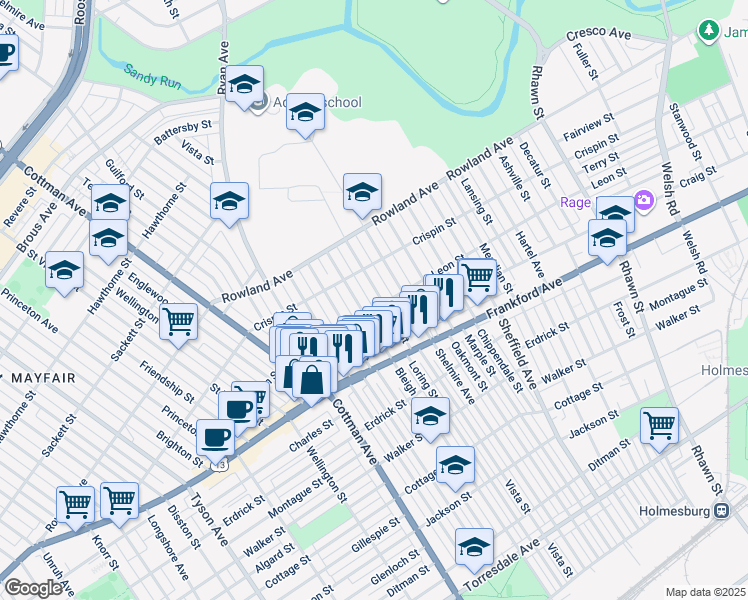 map of restaurants, bars, coffee shops, grocery stores, and more near 3440 Vista Street in Philadelphia