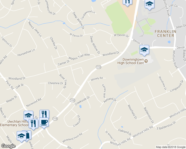 map of restaurants, bars, coffee shops, grocery stores, and more near 502 West Uwchlan Avenue in Downingtown