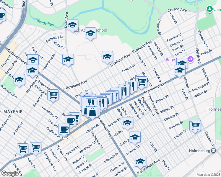 map of restaurants, bars, coffee shops, grocery stores, and more near 3440 Vista Street in Philadelphia