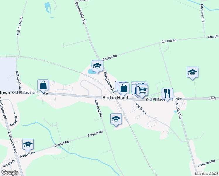map of restaurants, bars, coffee shops, grocery stores, and more near 336 Beechdale Road in Bird in Hand