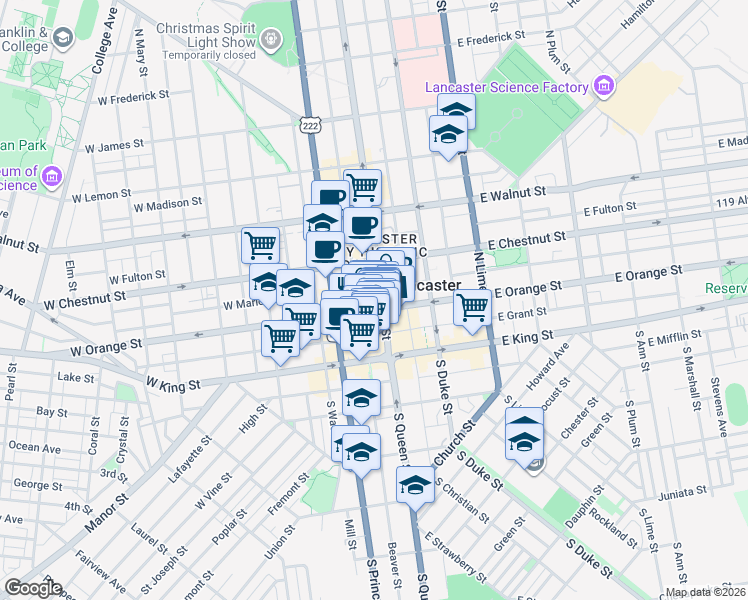 map of restaurants, bars, coffee shops, grocery stores, and more near 18 West Orange Street in Lancaster