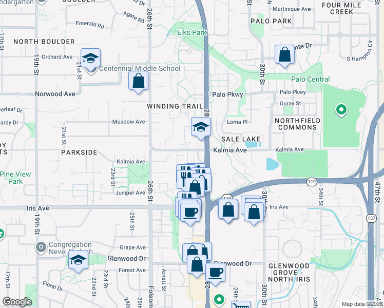 map of restaurants, bars, coffee shops, grocery stores, and more near 3590 Arthur Court in Boulder