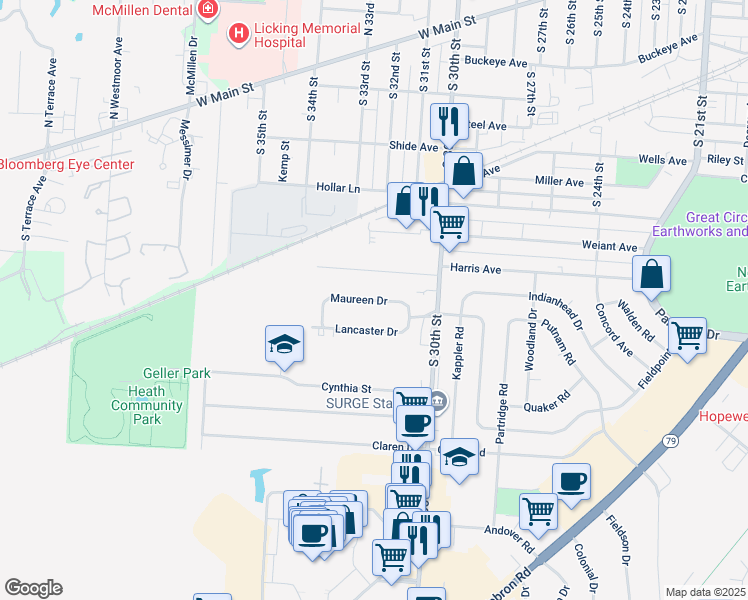 map of restaurants, bars, coffee shops, grocery stores, and more near 53 Maureen Drive in Heath