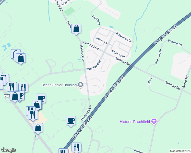 map of restaurants, bars, coffee shops, grocery stores, and more near 17 Tattersall Drive in Burlington