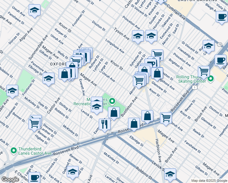 map of restaurants, bars, coffee shops, grocery stores, and more near 6617 Sylvester Street in Philadelphia