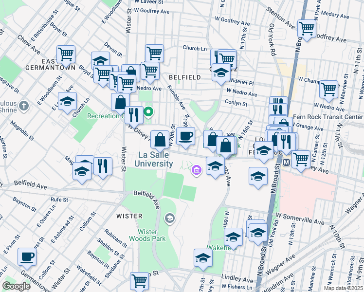 map of restaurants, bars, coffee shops, grocery stores, and more near 5617 North Uber Street in Philadelphia