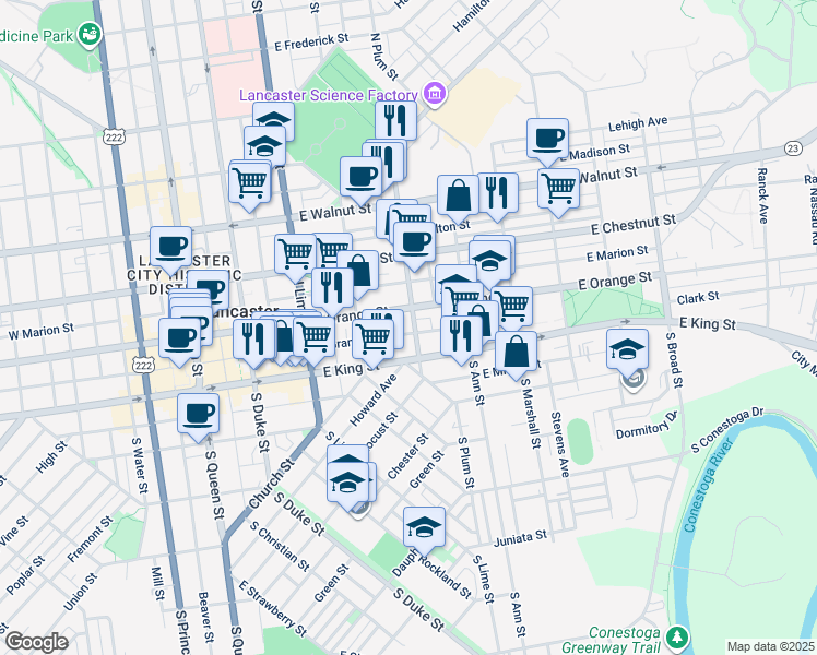 map of restaurants, bars, coffee shops, grocery stores, and more near 34 North Plum Street in Lancaster