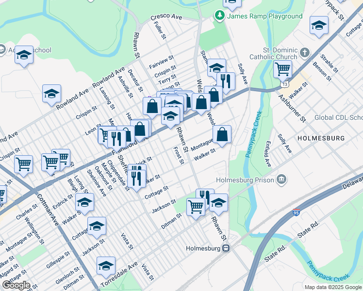 map of restaurants, bars, coffee shops, grocery stores, and more near 4202 Rhawn Street in Philadelphia