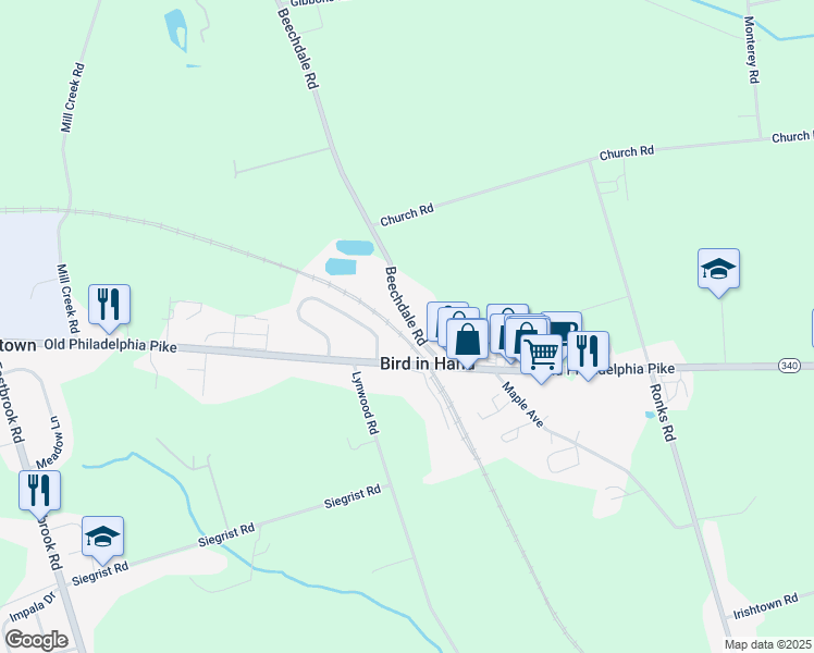 map of restaurants, bars, coffee shops, grocery stores, and more near 336 Beechdale Road in Bird in Hand