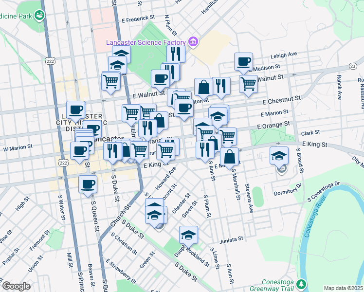 map of restaurants, bars, coffee shops, grocery stores, and more near 34 North Plum Street in Lancaster