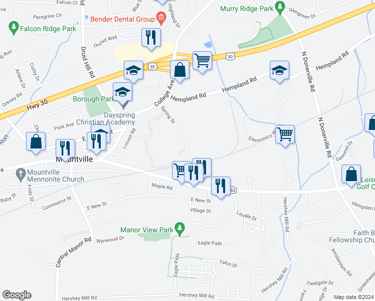 map of restaurants, bars, coffee shops, grocery stores, and more near 142 Spring Street in Mountville