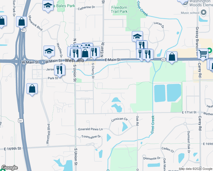 map of restaurants, bars, coffee shops, grocery stores, and more near Sanders Glen Boulevard in Westfield