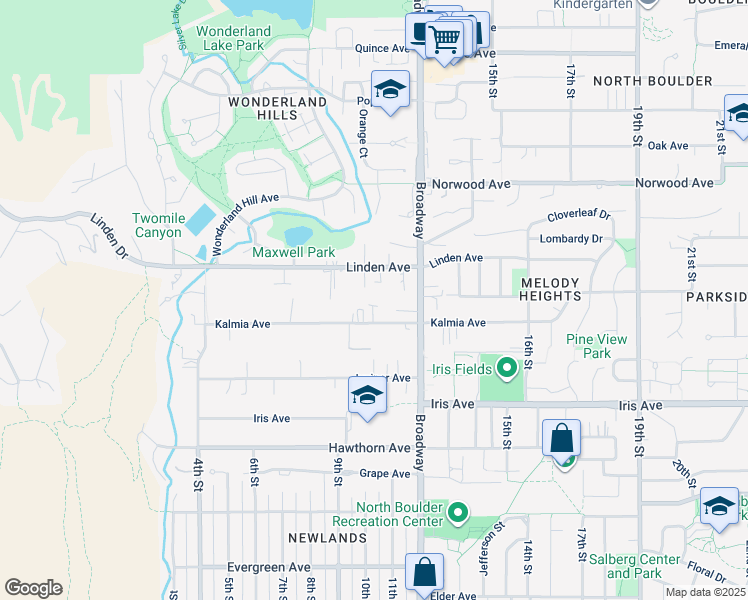 map of restaurants, bars, coffee shops, grocery stores, and more near 1041 Kalmia Avenue in Boulder