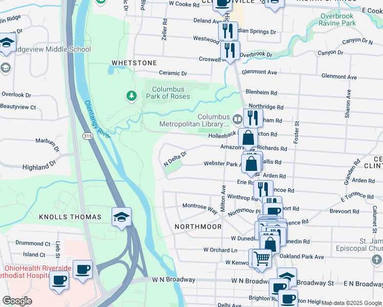 map of restaurants, bars, coffee shops, grocery stores, and more near 181 Amazon Place in Columbus