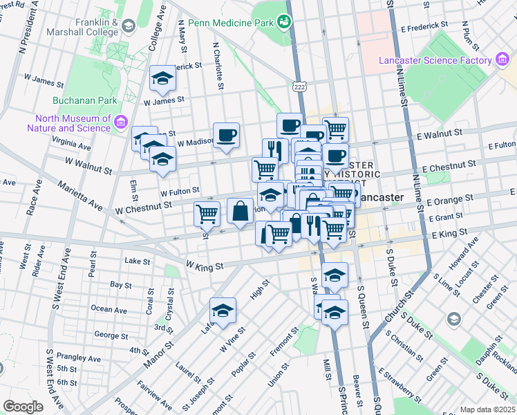 map of restaurants, bars, coffee shops, grocery stores, and more near 319 West Marion Street in Lancaster