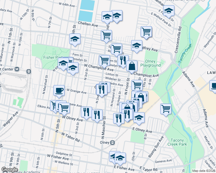 map of restaurants, bars, coffee shops, grocery stores, and more near 5837 North Mascher Street in Philadelphia