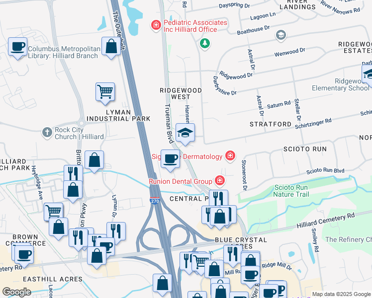 map of restaurants, bars, coffee shops, grocery stores, and more near 4230 Trueman Boulevard in Hilliard