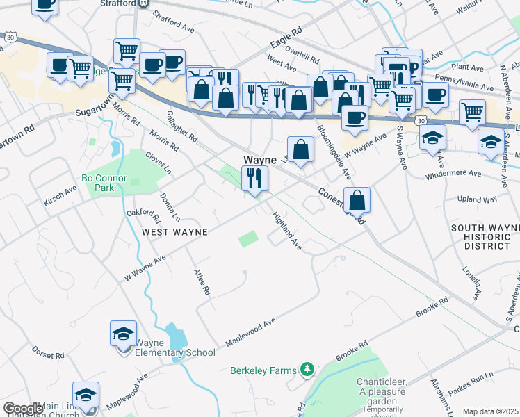 map of restaurants, bars, coffee shops, grocery stores, and more near 212 Highland Avenue in Wayne