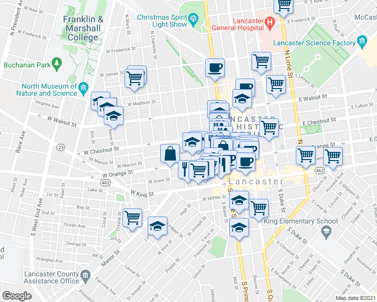 map of restaurants, bars, coffee shops, grocery stores, and more near 128 North Mulberry Street in Lancaster