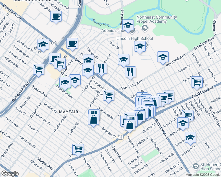 map of restaurants, bars, coffee shops, grocery stores, and more near 3226 Cottman Avenue in Philadelphia