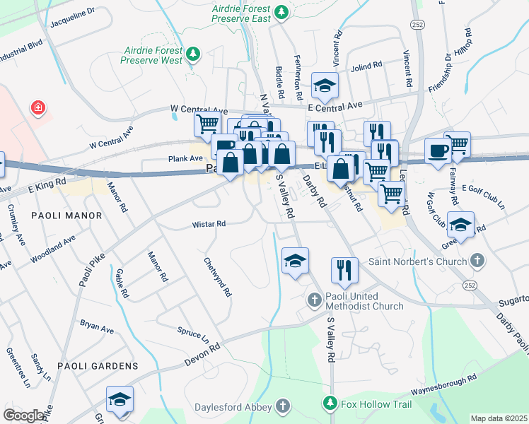 map of restaurants, bars, coffee shops, grocery stores, and more near 31 West Circular Avenue in Paoli