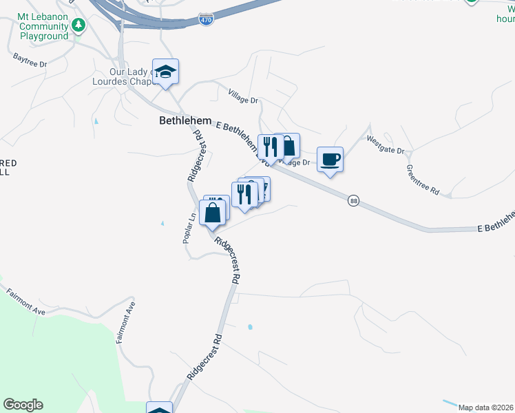 map of restaurants, bars, coffee shops, grocery stores, and more near 24 Elm Lane in Wheeling