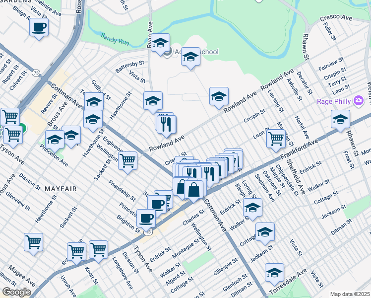 map of restaurants, bars, coffee shops, grocery stores, and more near 3330 Aldine Street in Philadelphia