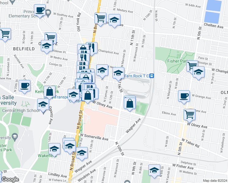 map of restaurants, bars, coffee shops, grocery stores, and more near 5719 North 12th Street in Philadelphia