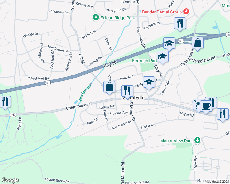 map of restaurants, bars, coffee shops, grocery stores, and more near 128 North Church Street in Mountville