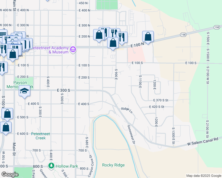 map of restaurants, bars, coffee shops, grocery stores, and more near 856 East 280 South Street in Payson