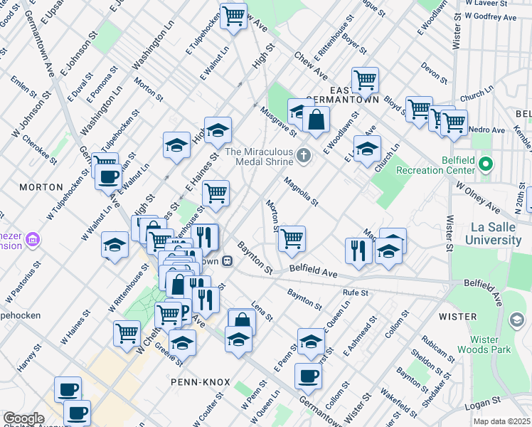 map of restaurants, bars, coffee shops, grocery stores, and more near 5663 Heiskell Street in Philadelphia