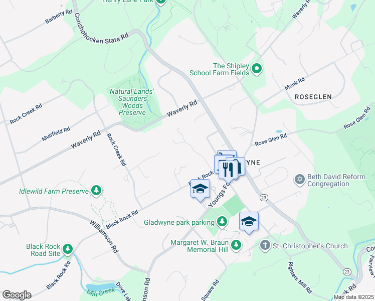 map of restaurants, bars, coffee shops, grocery stores, and more near 428 Howard Road in Gladwyne