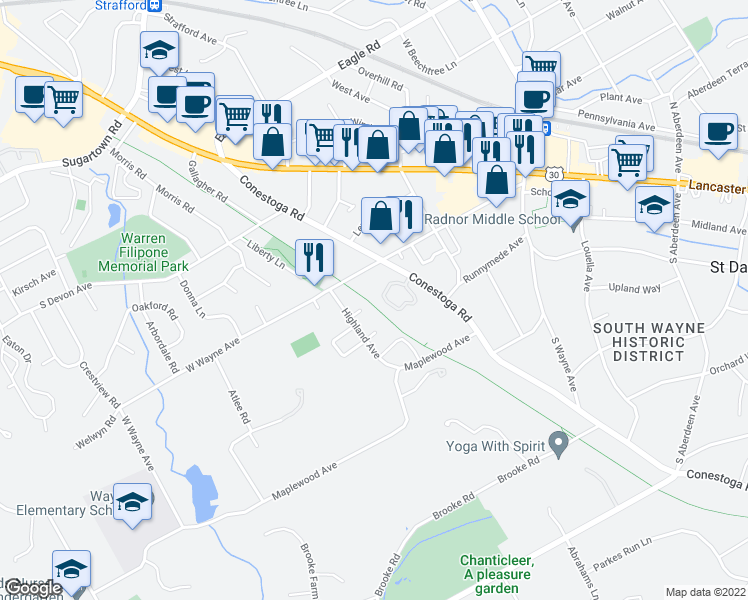 map of restaurants, bars, coffee shops, grocery stores, and more near 40 Greythorne Woods Circle in Wayne