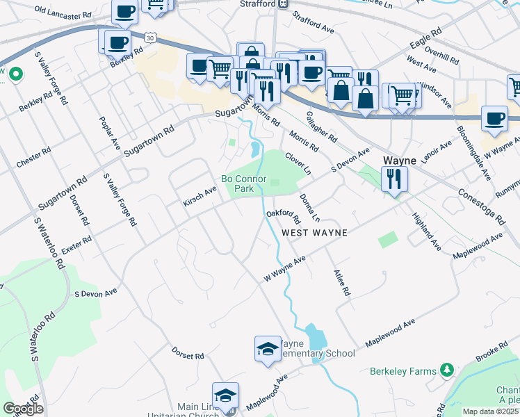 map of restaurants, bars, coffee shops, grocery stores, and more near 54 Oakford Road in Wayne