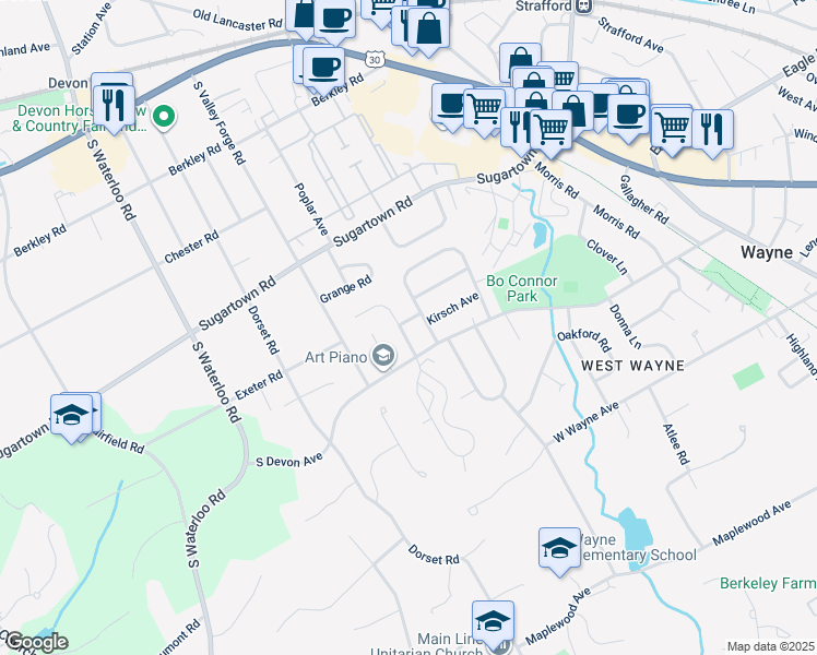 map of restaurants, bars, coffee shops, grocery stores, and more near 108 Calvarese Lane in Wayne