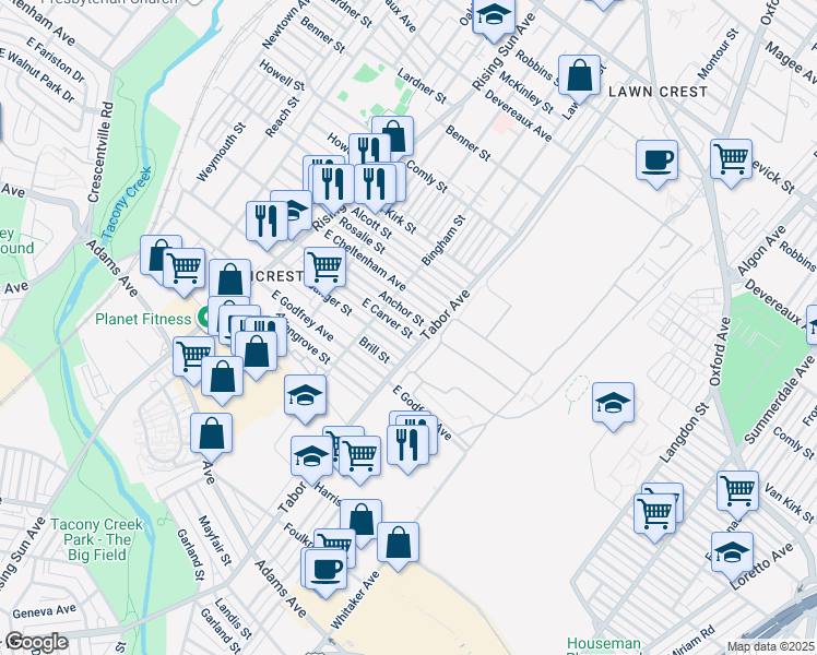 map of restaurants, bars, coffee shops, grocery stores, and more near 635 East Carver Street in Philadelphia