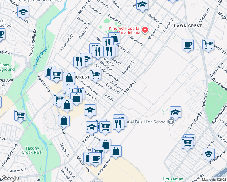 map of restaurants, bars, coffee shops, grocery stores, and more near 614 Sanger Street in Philadelphia