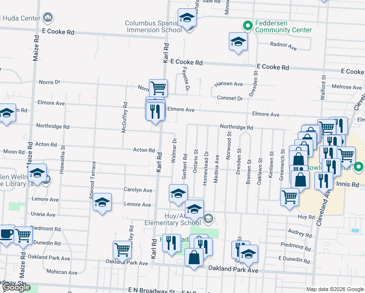 map of restaurants, bars, coffee shops, grocery stores, and more near 3565 Gerbert Road in Columbus