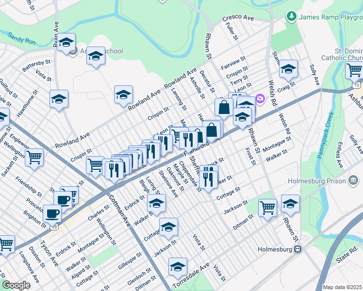 map of restaurants, bars, coffee shops, grocery stores, and more near 3560 Sheffield Avenue in Philadelphia