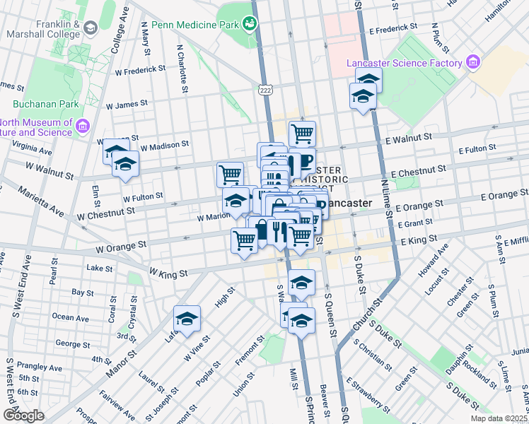 map of restaurants, bars, coffee shops, grocery stores, and more near 118 North Water Street in Lancaster