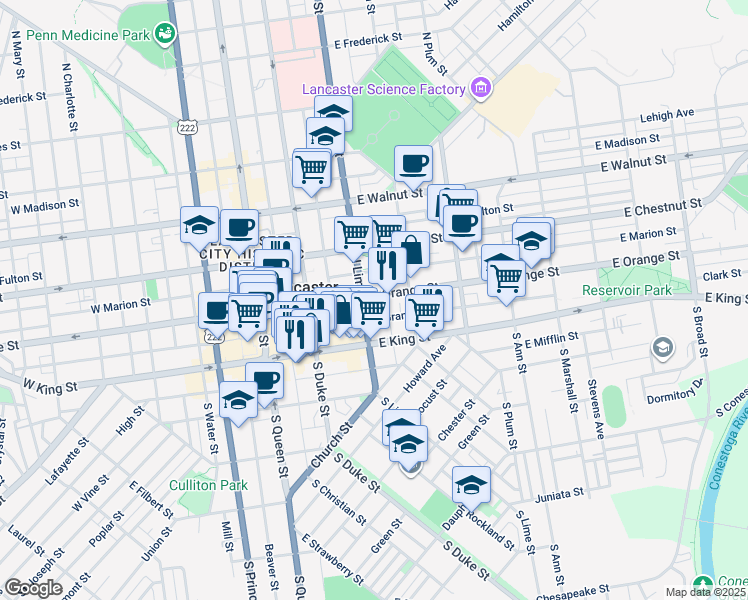 map of restaurants, bars, coffee shops, grocery stores, and more near 212 East Orange Street in Lancaster