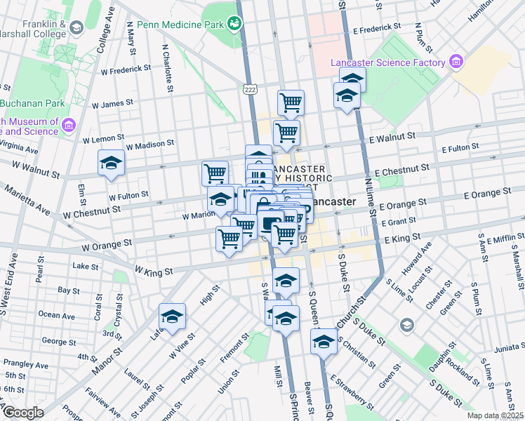 map of restaurants, bars, coffee shops, grocery stores, and more near 30 West Orange Street in Lancaster