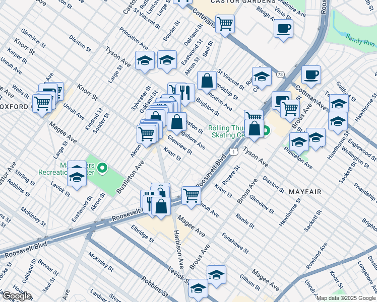 map of restaurants, bars, coffee shops, grocery stores, and more near 2196 Glenview Street in Philadelphia