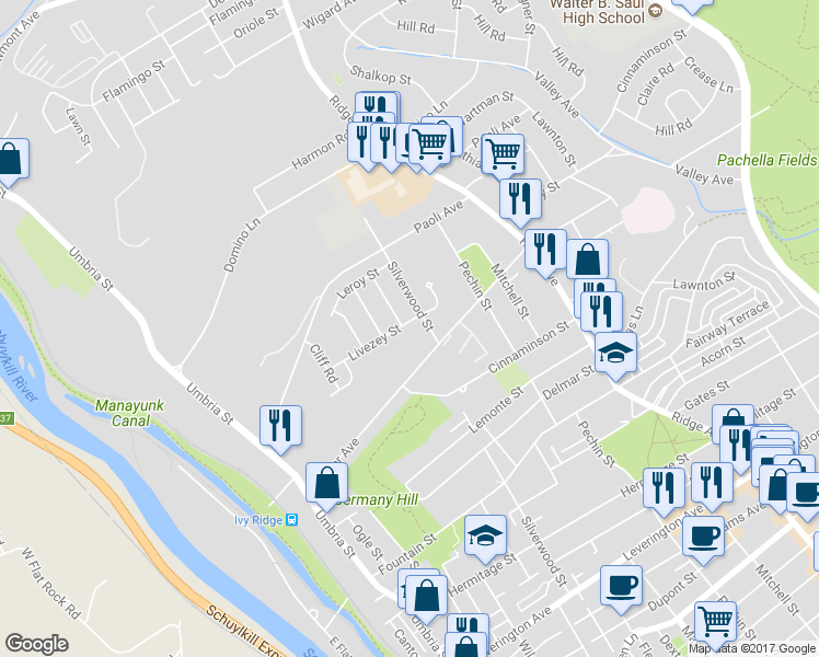 map of restaurants, bars, coffee shops, grocery stores, and more near 393 Livezey Street in Philadelphia