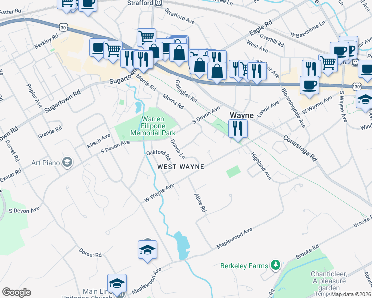 map of restaurants, bars, coffee shops, grocery stores, and more near 9 Donna Lane in Wayne