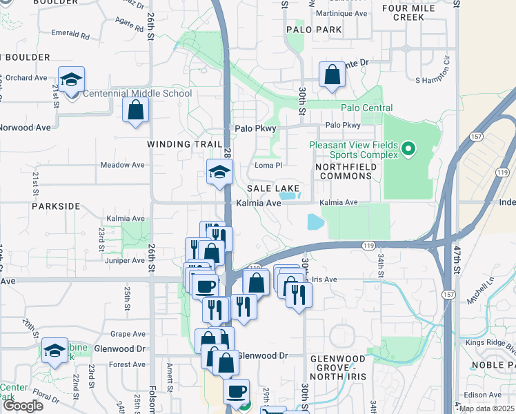 map of restaurants, bars, coffee shops, grocery stores, and more near 2852 Kalmia Avenue in Boulder