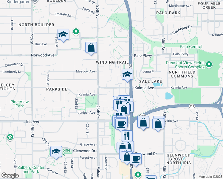map of restaurants, bars, coffee shops, grocery stores, and more near 3561 Nottingham Court in Boulder